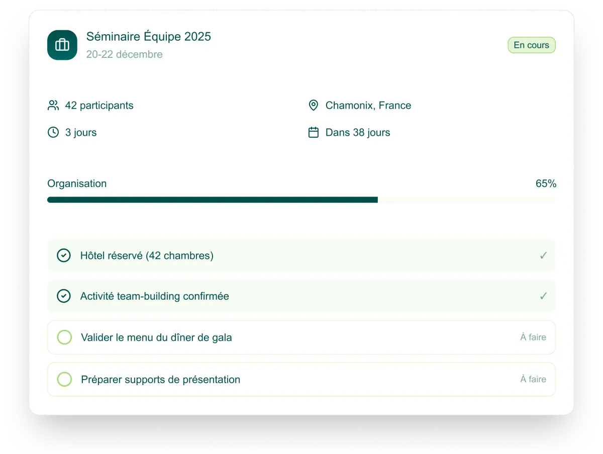Tableau de bord Pistache - Gestion d'événements professionnels Interface principale de l'application Pistache pour la gestion d'événements professionnels - tableau de bord complet