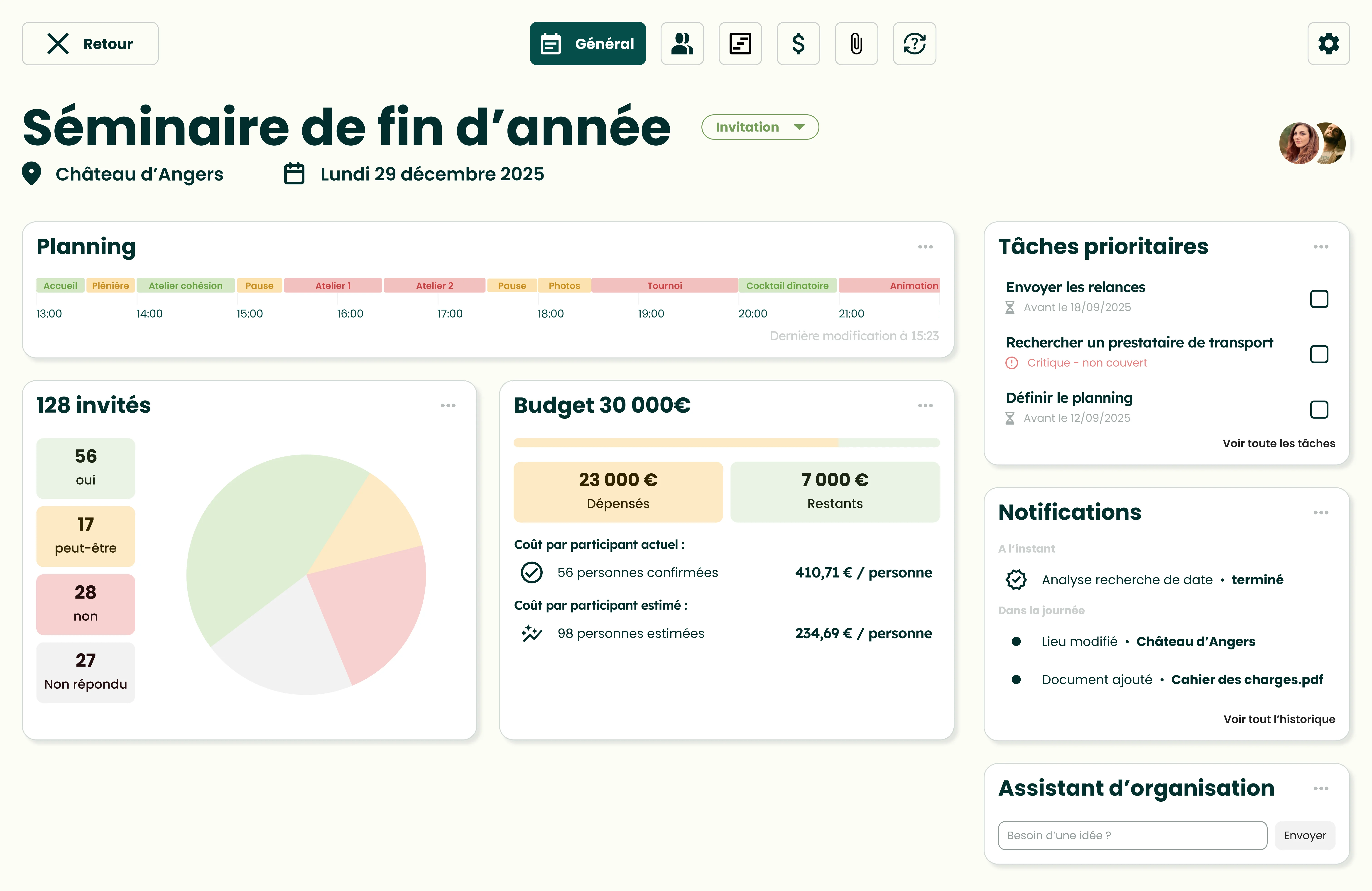 Pistache sur ordinateur - Planification d'événement complète Capture d'écran de Pistache sur ordinateur - planification d'événement avec gestion des participants et budget en temps réel